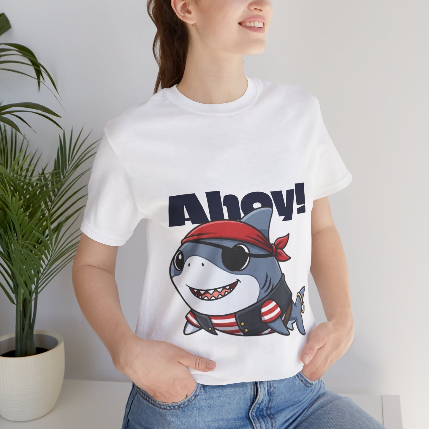 Pirate Shark Tee: Fun Unisex Jersey Short Sleeve Tee for Kids & Adults, Beachwear, Summer Fun, Gift for Sea Lovers, Ahoy!