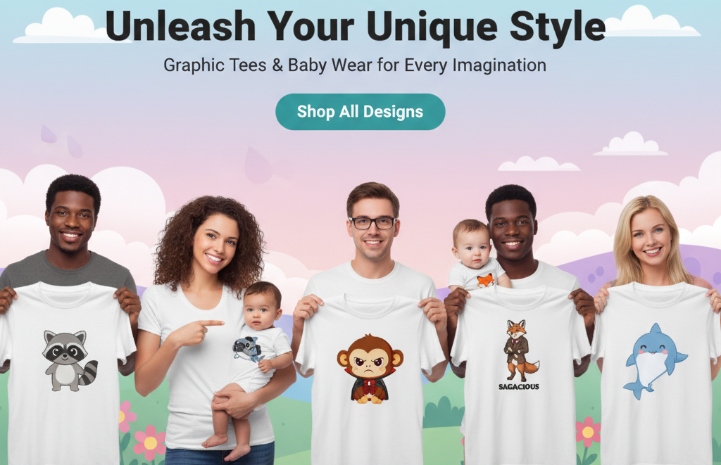 Promotional banner for Dina Fashions featuring graphic tees and baby wear with a colorful background.